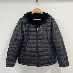 Andrew Marc Women's Reversible Black Puffer Jacket Faux Fur Lining